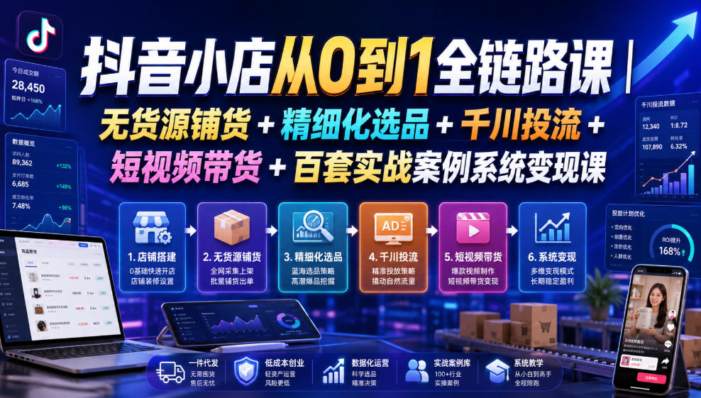 抖音小店无货源铺货精细化选品千川投流短视频带货实战课-极光库