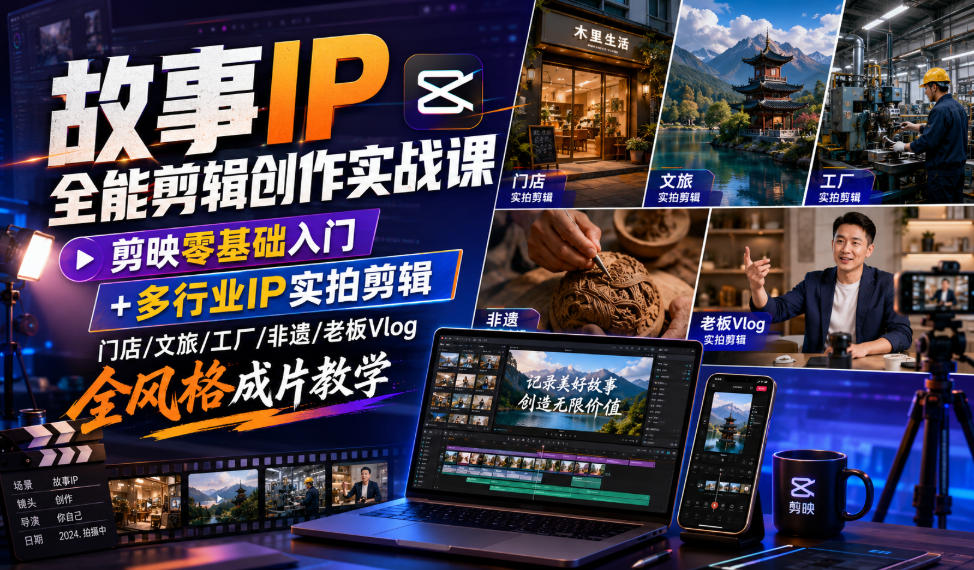 故事IP全能剪辑创作实战课|剪映零基础入门+多行业IP实拍剪辑,门店/文旅/工厂/非遗/老板Vlog全风格成片教学-极光库
